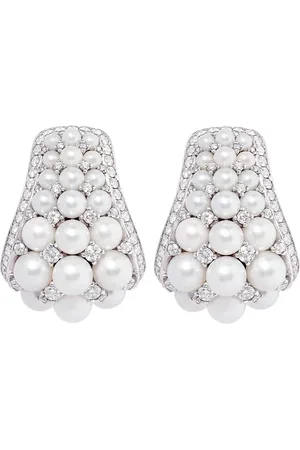 David Morris 18kt white gold Pearl Rose Deco diamond and pearl hoops earrings