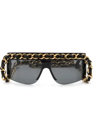CHANEL 1990-2000s leather-and-chain trimmed shield sunglasses