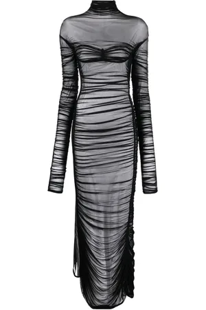 MUGLER Fishnet ruched sheer maxi dress