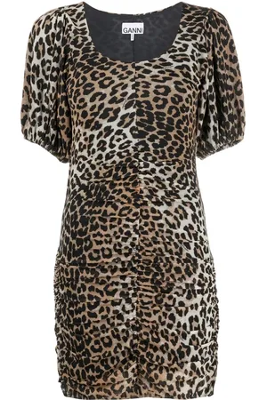 Ganni Leopard-print ruched mini dress