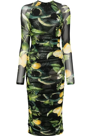 Roberto Cavalli Lemon-print ruched midi dress