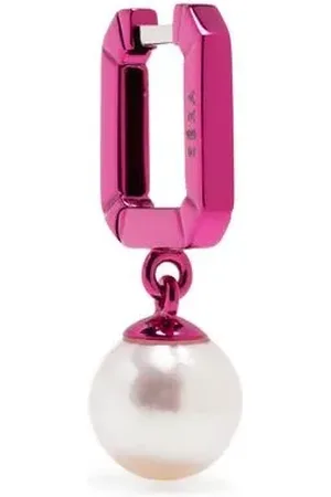 Eera 18kt white gold Square enamel and pearl huggie hoop earring