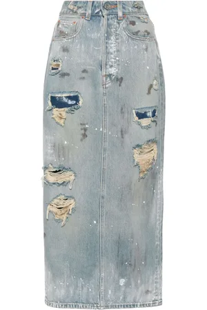Vetements Distressed-effect denim midi skirt