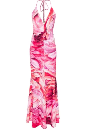 Roberto Cavalli Feather-print halterneck dress