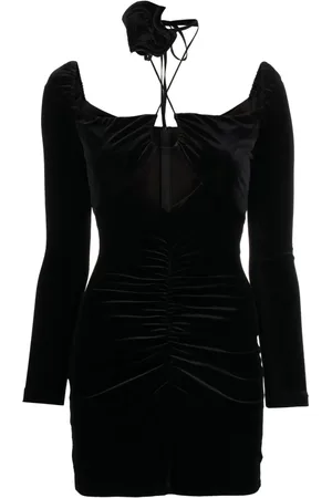 NISSA Rose-appliqué ruched velvet minidress