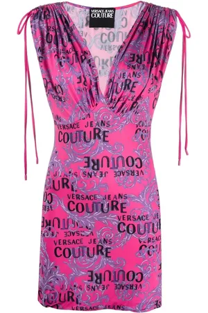 VERSACE Logo-print plunge mini dress