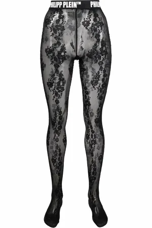 Philipp Plein Floral-lace logo-waistband tights