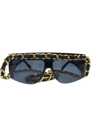 CHANEL 1990-2000 leather-and-chain trim shield sunglasses