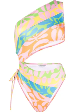 Solid Leaf-print asymmetric swimsuit