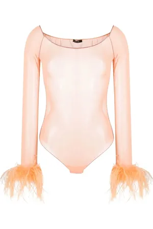 Oseree Feather-trim sheer bodysuit