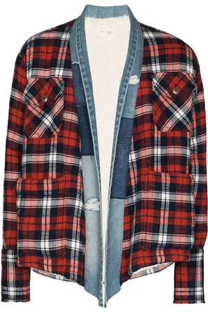 GREG LAUREN Plaid flannel and denim cardigan