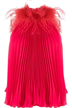 Styland Feather-trim pleated sleeveless blouse