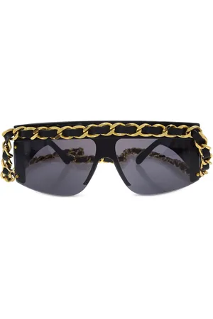 CHANEL 1990-2000 leather-and-chain trimmed shield sunglasses