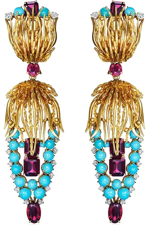 Fred Leighton 18kt yellow turquoise, garnet and diamond pendant earrings