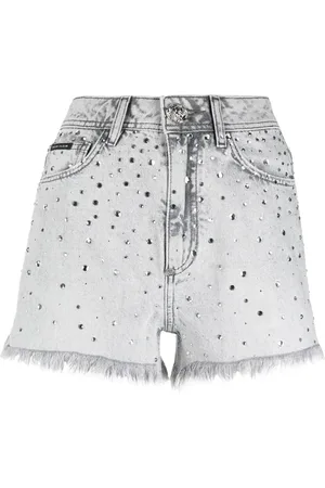 Philipp Plein Frayed crystal-embellished denim shorts