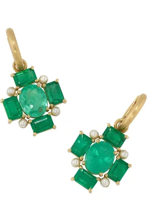 Irene Neuwirth 18kt yellow Gemmy Gem Mosaic emerald and Akoya pearl huggie earrings