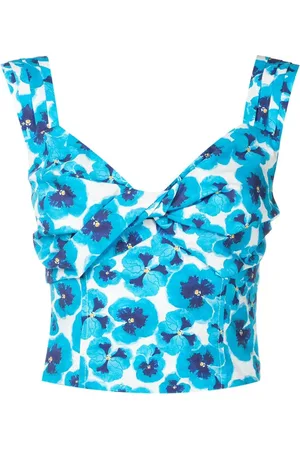 Isolda Pleated floral-print cropped top
