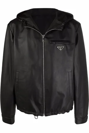 Prada Logo-plaque hooded leather jacket