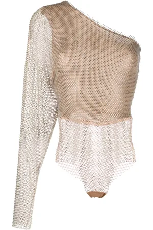 GENNY Batwing-sleeve rhinestone-mesh bodysuit