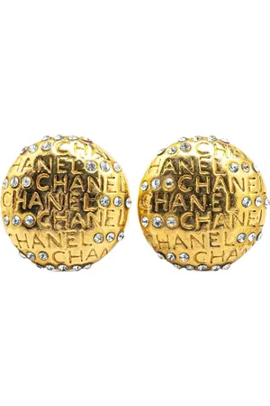 CHANEL 1970-1980 Plated Rhinestone Logo Clip On Earrings costume earrings