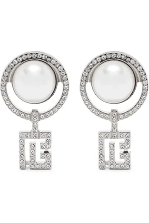 Balmain Art Deco clip-on earringssilver-tone polished finish clip-on design round-cut white crystals faux-pearl embellishment These earri...