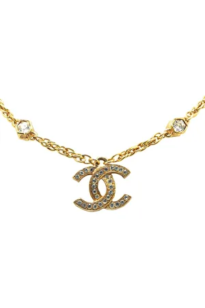 CHANEL 1970-1980 Plated CC Rhinestones Pendant Necklace costume necklace