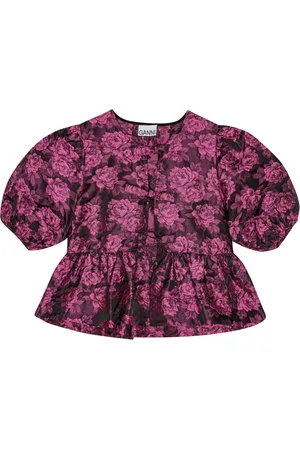 Ganni Botanical-print short puff-sleeve cropped top