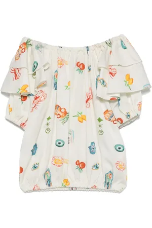 Le pandorine Mediterranean-print ruffle blouse