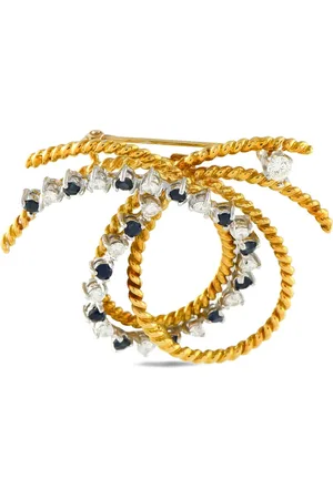 LB Exclusive Pre-owned 18K yellow Knot diamond and sapphire brooch