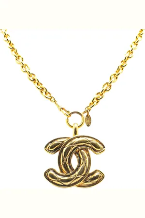 CHANEL 1970-1980 Plated Quilted CC Pendant Necklace costume necklace