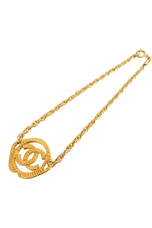 CHANEL 1970-1980 Plated CC Round Pendant Necklace costume necklace
