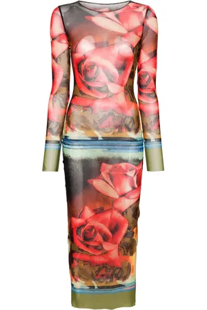 Jean Paul Gaultier Rose-print mesh midi dress