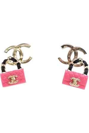 CHANEL 2023 Plated Calfskin Resin CC Handbag Push Back Earrings costume earrings