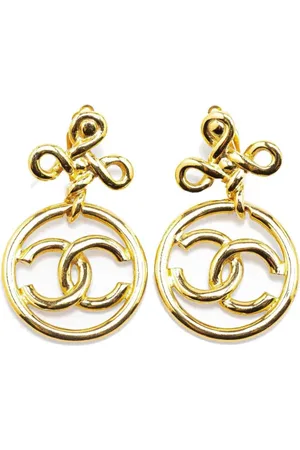 CHANEL 1970-1980 Plated CC Drop Clip-On Earrings costume earrings
