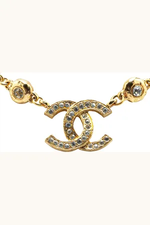 CHANEL 1970-1980 Plated CC Rhinestone Pendant Necklace costume necklace