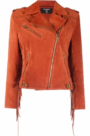 Balmain X Netflix fringed suede asymmetric-zip biker jacket
