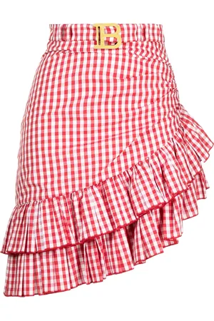 Balmain Belted ruffled plaid skirt