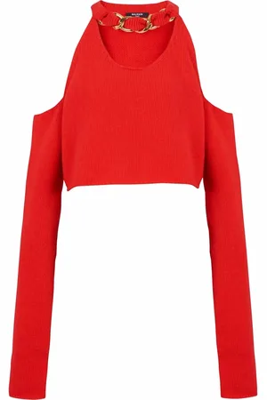 Balmain Cold-shoulder knitted crop top