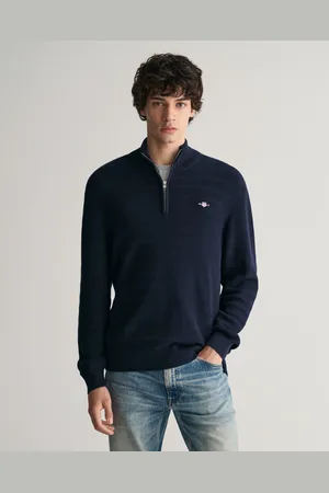 GANT Sweter W Paski z Fakturowanej Bawełny Rozpinany Do Połowy