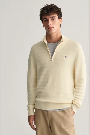 GANT Sweter W Paski z Fakturowanej Bawełny Rozpinany Do Połowy