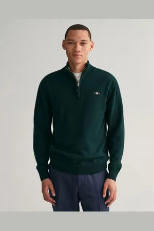 GANT Męski sweter z wełny jagnięcej superfine z krótkim zamkiem