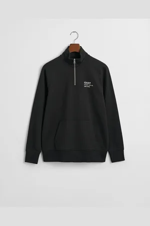 GANT Męska czarna bawełniana bluza rozpinana do połowy z małą grafiką