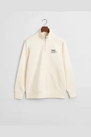GANT Męska kremowa bawełniana bluza rozpinana do połowy z małą grafiką