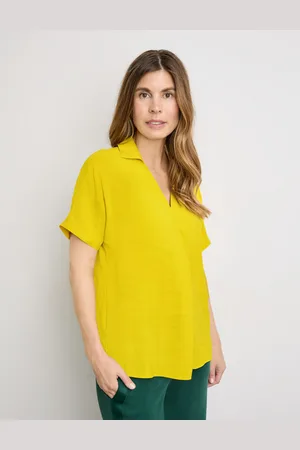 Gerry Weber Damski Zwiewna bluzka z półrękawkiem i kontrafałdą 66cm krótkie w serek, Jednokolorowy