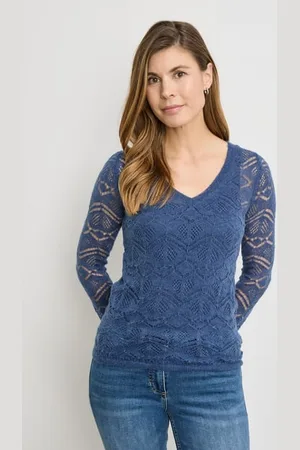 Gerry Weber Damski Cienki sweter z ażurowej dzianiny 60cm długie w serek, Jednokolorowy