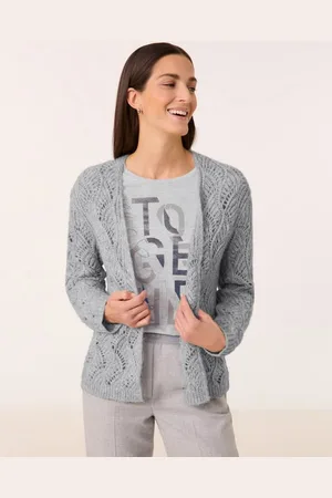 Gerry Weber Damski Niezapinany kardigan z ażurowej dzianiny 60cm długie Bez kołnierza, Szary Jednokolorowy