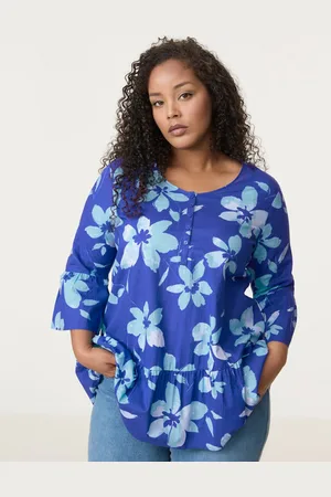 Gerry Weber SAMOON Damski Rozszerzana bluzka z falbanami 74cm 3/4 Okrągły, W kwiaty