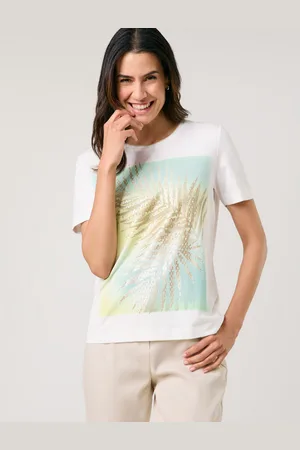 Gerry Weber Damski T-shirt z połyskującym nadrukiem z przodu 62cm krótkie Okrągły, Jednokolorowy