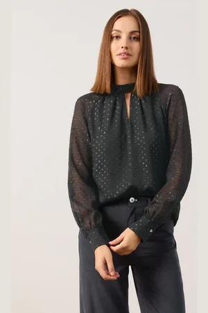 Gerry Weber TAIFUN Damski Szyfonowa bluzka z połyskującymi kropeczkami 64cm raglanowe stójka, Jednokolorowy