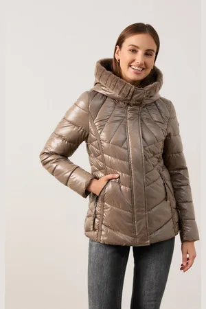 Gerry Weber TAIFUN Damski Błyszcząca pikowana kurtka ze sztucznym futerkiem 66cm długie stójka, Brązowy Jednokolorowy